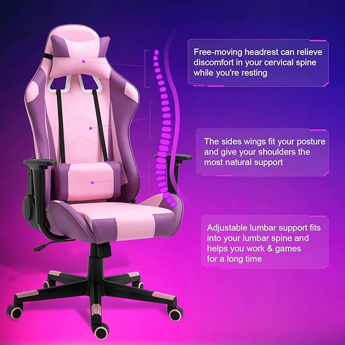 DIKEP Reclining Gaming Chair High-Back Recliner Chair with Headrest and Lumbar Support PU Leather Racing Gaming Chair with Height Adjustable and Headrest 360° Swivel Seat for Adults - Purple &amp P