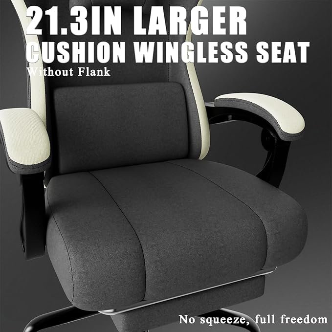 Ergonomic Gaming Chair with Pocketed Spring Cushion Breathable Fabric Computer Chair with Footrest Adjustable Lumbar Support Video Game Chair for Adults (Fabric Grey)