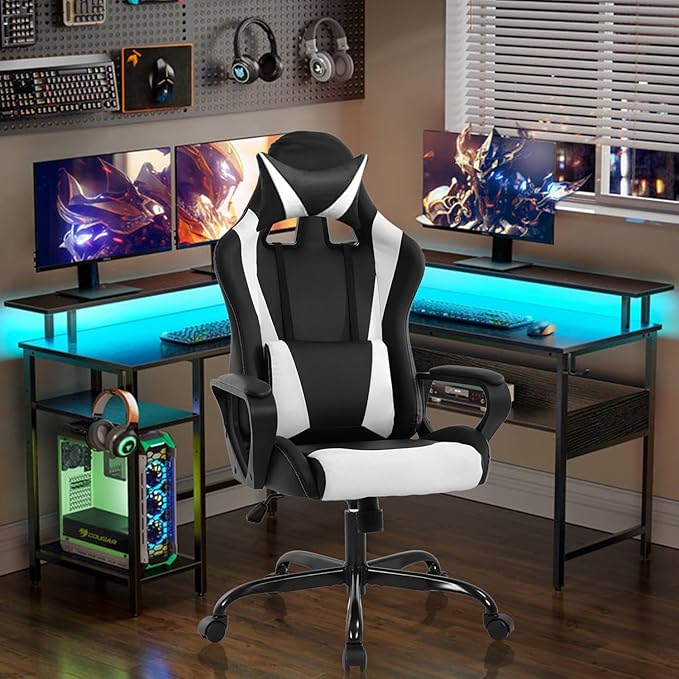 Gaming Chair Computer Gamer Racing Chair High Back Video Game Chair Leather Gaming Chair Ergonomic Adjustable Swivel Racing Chair with Headrest and Lumbar Supportfor Back Pain WomenMenWhite