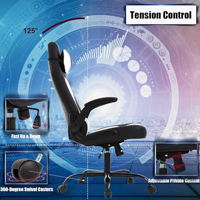 PC Gaming Chair Ergonomic Racing Heavy Duty Office Chair Video Game Chair Massage Function Lumbar Support with Flip Up Arms &amp Headrest Nice Chic Desk Chair Adjustable Best Home Office Chair - Wh