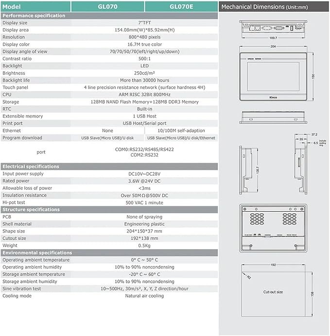 7 10 Inch HMI GL070 GL070E GL100 GL100E GL07E GL70 Ethernet mt4434t mt4434te mt4532t mt4532te Replacement(GL070)