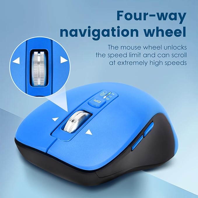 Wireless Bluetooth Mouse (USB + BT1 + BT2) Full Size 4-Way Scrolling Multi-Device Silent Mouse for Computer Laptop iPad MacBook (Blue)