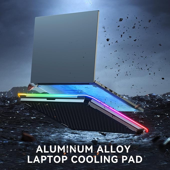 Aluminum Alloy RGB Gaming Laptop Cooler with 6 Fans and LCD Screen - 10 RGB Modes Memory Function 4 USB Ports 3.0 and 2.0 Hub 9 Height Adjustable for 10 to 21 Inch Laptops on Desk or Lap