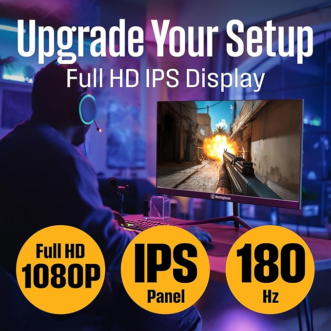 Westinghouse 24 Inch Flat Gaming Monitor 180Hz 1ms AMD FreeSync Support Low Motion Blur 1080p Full HD IPS Display for Office PC &amp Console Games Built in Speakers 1x DisplayPort 2X HDMI
