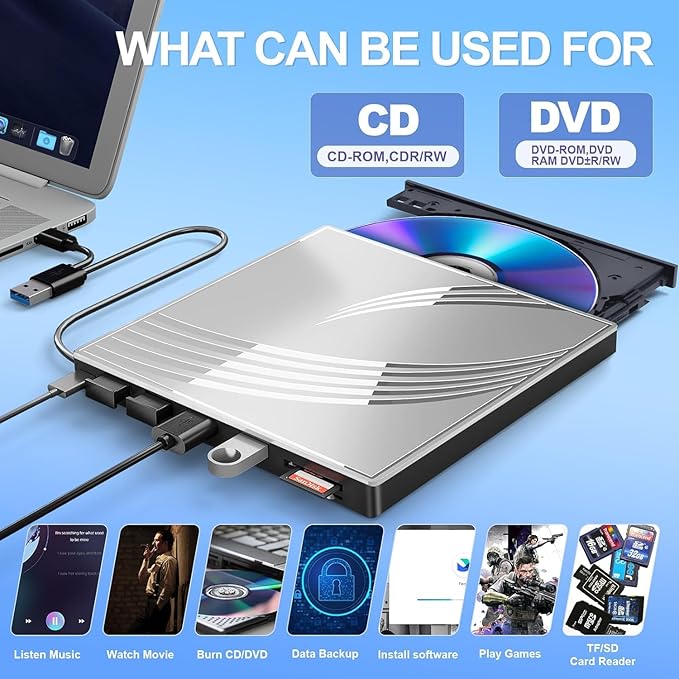 External CD/DVD Drive for Laptop with Carrying CaseDVD Player for LaptopPortable CD Burner with 4 USB Ports 2 TF/SD Card SlotsCD Disk Drive Player Reader Write