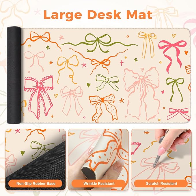 iLeadon Desk Protector Mat Non Slip Long Mouse Pad and Keyboard Wrist Rest Carpal Tunnel Mouse Pad and Computer Wrist Support Soft Ergonomic Keyboard Pad with Wrist Support for Women Office (Bow)
