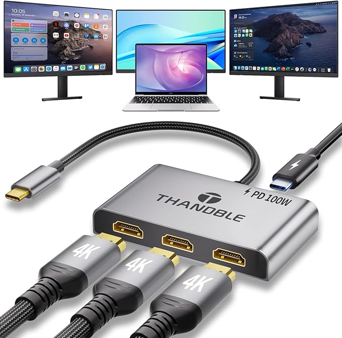 USB C to 3 HDMI Adapter with 100W PD Charging Triple 4K60Hz Monitor Extender for Dell/Surface Pro/HP HDMI Splitter Extended Display Hub Plug &amp Play Laptop Multi-Screen Adapter