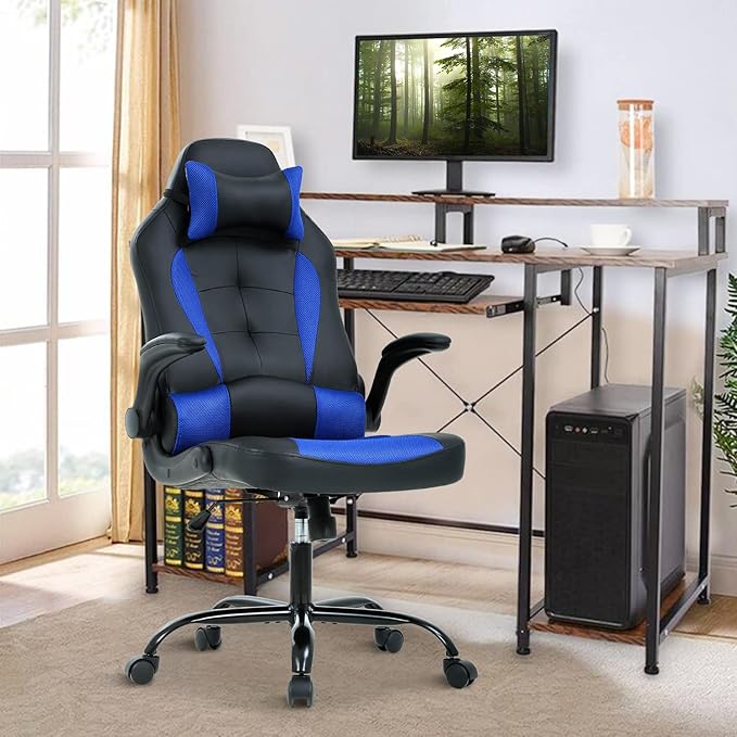Gaming Chair Office Chair Computer Chair with Lumbar Support&amp Headrest Adjustable Ergonomic Swivel Task Executive Desk Chair High-Back Racing Style Leather Gaming Chair for Adults Blue