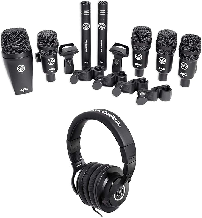 AKG Drum Set Session I (7) Microphone Kit w/Bass/Overhead/Snare/Tom Clamps Case Bundle with Audio Technica ATH-M40x Closed-Back Dynamic Studio Monitor Headphones ATHM40x (2 Item)