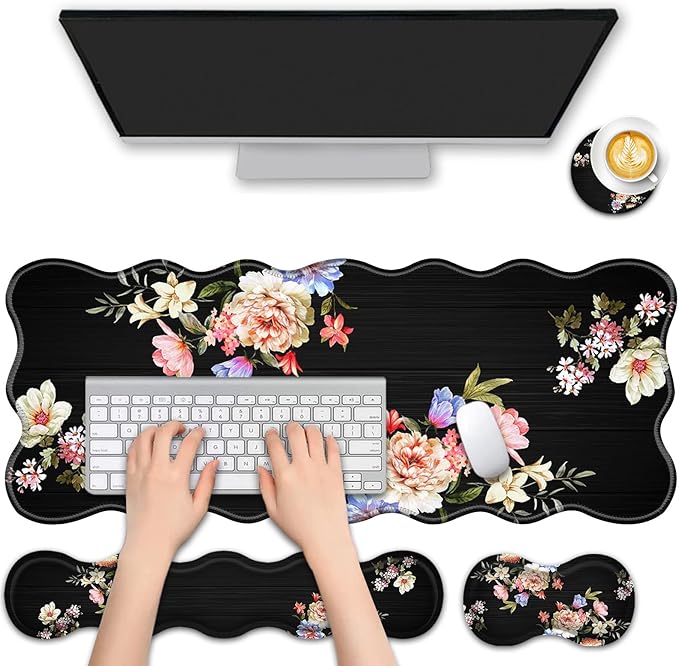 4 in 1 Desk Mat SetMouse Pad with Keyboard Wrist RestWave-Shaped DesignNon-Slip Rubber BaseWaterprooffor HomeOfficeGamingPeony Flower