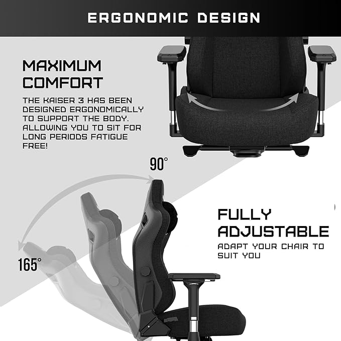 Anda Seat Kaiser 3 Large Gaming Chair for Adults - Ergonomic Gray Fabric Gaming Seat with Lumbar Support Comfortable Office Chairs with Neck Support - Heavy Duty Wide Computer Seat