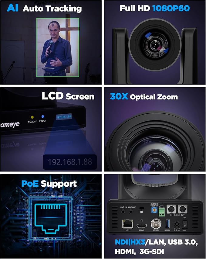 Chameye NDI PTZ Camera 30x Optical Zoom AI Auto Tracking PTZ Camera NDI PTZ Controller for Church Worship Education Events C730N+E300