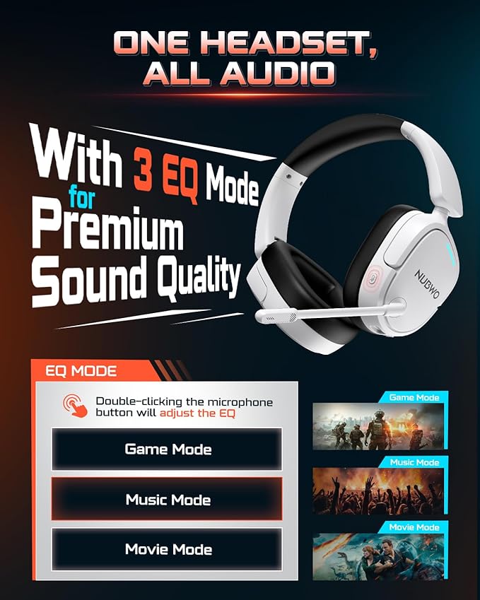 NUBWO Gaming Headset Wireless for PS5 PC PS4 - Dual 2.4G &amp Bluetooth Simultaneous Headphones EQ Sound Modes Noise-Canceling Mic 50-Hour Battery Comfortable Foldable Design 270g Lightweight
