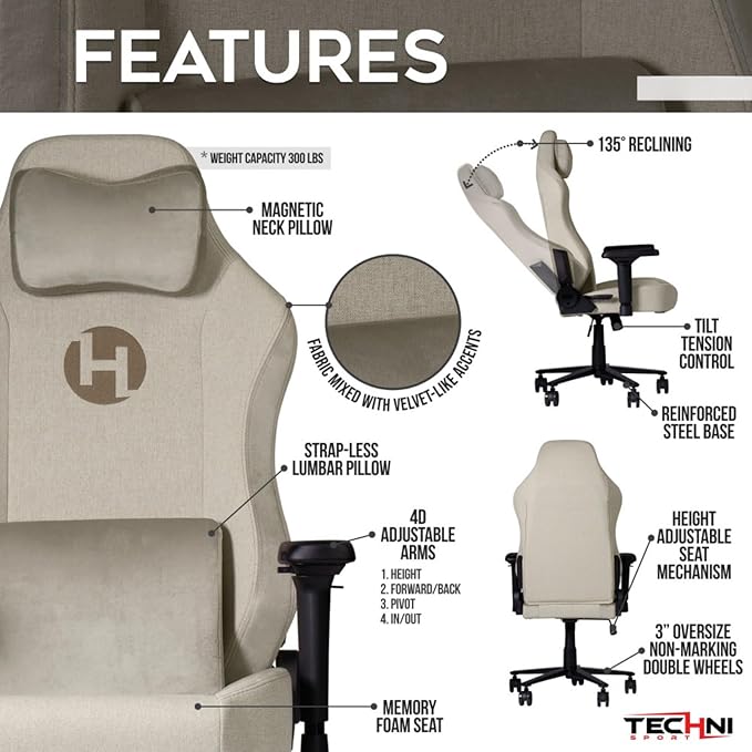 135° Back Reclining Mechanism Fabric Memory Foam Gaming ChairGame &amp Recreation Room Furniture Video Game Chairs for Bedroom