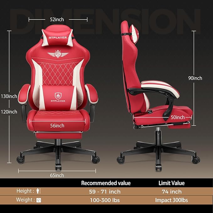 GTPLAYER Gaming Chair with Footrest Big and Tall Game Chair High Back Computer Office Chair with Lumbar Support for Adults Ergonomic Swivel Games Chair with Cushion Gaming Leather Red