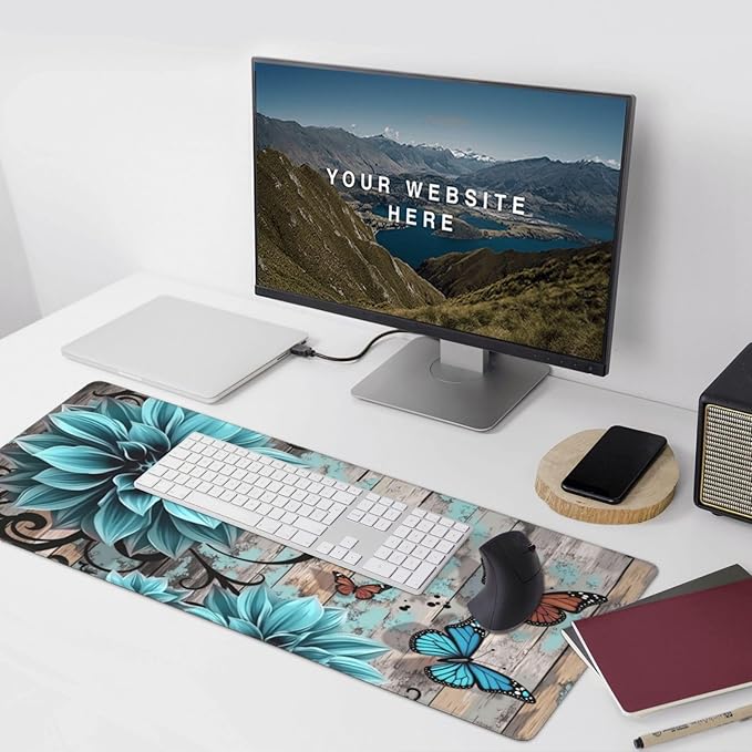 Blue Floral Butterfly Mouse PadDesk MatLarge Waterproof Non-Slip Rubber Mousepad with Stitched Edges Office Home Computer Desk Accessories35.4X15.7