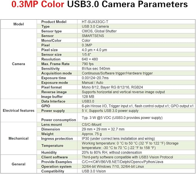High Speed USB3.0 1/5.6 0.3MP Machine Vision Global Shutter Color Digital Industrial Camera C-Mouth Supports Windows and Linux SDK Area Scan Camera 640x480 790FPS Indoor
