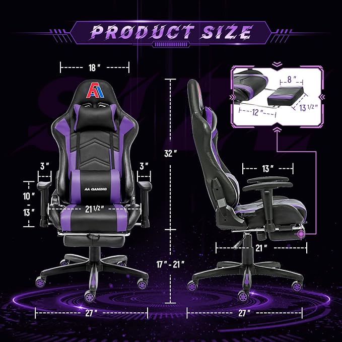 AA Products High Back Ergonomic Gaming Chair with Footrest Lumbar Support Swivel Adjustable for Gamers - Black/Purple