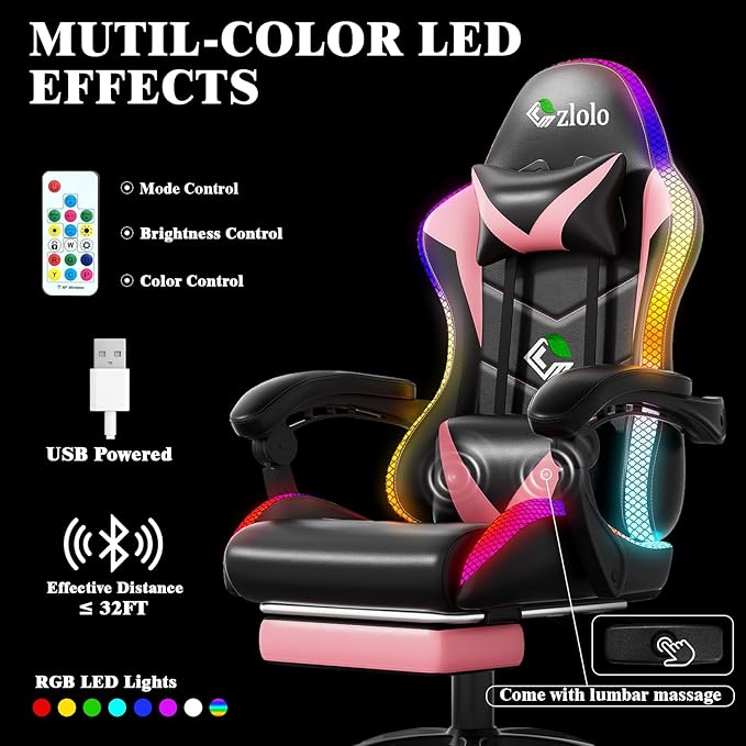 Gaming Chair Racing Style RGB LED Lights Gaming Chairs for Adults and Kids Lumbar Massager Gamer Chair High Back Reclining Computer Chair with Footrest and Headrest (Black/Pink)
