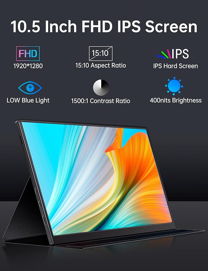 Small Portable Monitor 10.5 400 Nits 15:10 FHD 1280P IPS Screen Ultra-Slim Mini Monitor w/Smart Cover &amp Speaker USB C HDMI HDR Portable Gaming Monitor Travel Monitors for Laptop PCs