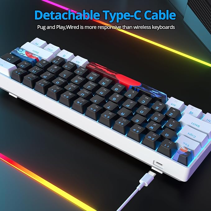 Protable 60% Percent Gaming Keyboard Mechanical Mini Compact Ice-Blue LED Backlit 61 Keys Wired Office Keyboard with Red Switch for Mac/Win/PS4/PS5(61Black/red Switch)