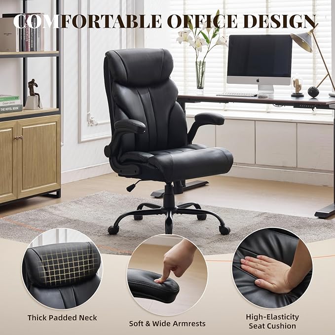 Office ChairBig and Tall Office Chairs 500LBS Wide Ergonomic Gaming Chair Executive Leather Computer Chairs with Adjustable Height &amp 360° Swivel Rolling Wheels for WorkBlack