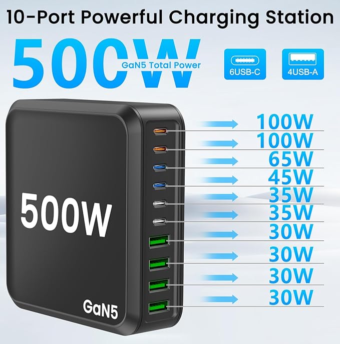 USB C Charging Station 500W USB C Charger Block 10 Port Fast Charger 100W PD USB-C Charging Station Hub for MacBook Pro/Air/iPad Pro/iPhone 17e/17/16/15/14/13/Pro Max/Samsung Galaxy Note (Black)