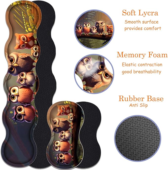 Large Gaming Mouse Pad + Keyboard Wrist Rest + Wrist Support + Coaster Set Memory Foam Ergonomic for Easy Typing XXL Extended Gaming Mouse Pad Table Pad - Cute Owl