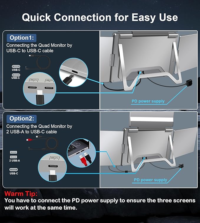 16 Laptop Screen Extender Just 1 Cable for 3 Screens Quad Monitor 1200P FHD Screen Extender for 12-18.5 Laptops Triple Portable Monitor for Wins/Mac M1|M2|M3|M4|M5