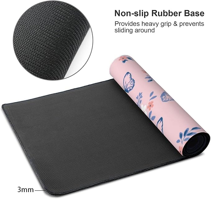 Pink Butterfly Large Mouse Pad Gaming Mousepad with Wrist Support Rubber Computer Keyboard Mat for Desk Laptop Non-Slip Full Deskmat Protector Waterproof Writing Pad Office Home 16x35.5 in