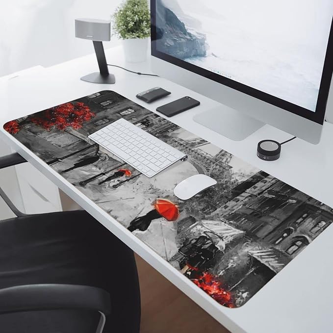 Paris Street Eiffel Large Mouse Pad Gaming Mousepad with Wrist Support Rubber Computer Keyboard Mat for Desk Laptop Non-Slip Full Deskmat Protector Waterproof Writing Pad Office Home 16x35.5 in