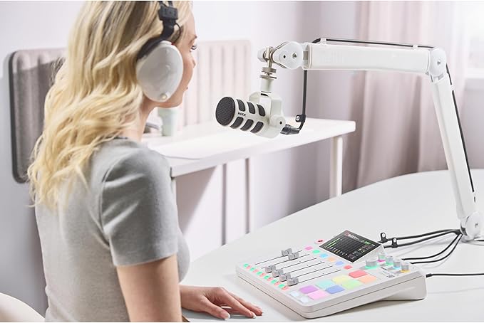 Rode PodMic Cardioid Dynamic Broadcast Microphone (White Pair) with 2X PSA1+ Broadcast Microphone Boom Arms 2X Cans50 Professional Studio Headphones and 2X XLR Cables