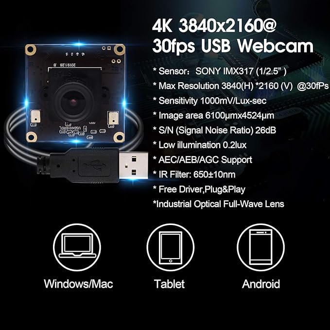 4K USB Camera Sony IMX317 Image Sensor Webcam for Windows Mac Android Linux (3.6mm Lens)
