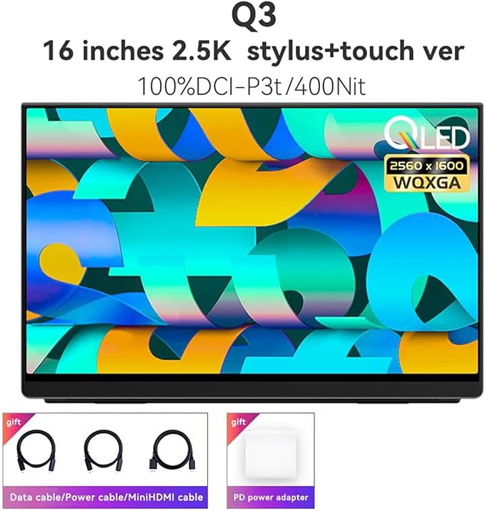 EHOMEWEI Q3 Portable Touchscreen Monitor with Stylus Pen 2.5K 60Hz 16'' 2560 * 1600 400 Nit HDR Brightness FreeSync Eye Care Laptop/PC/Phone/Game Console