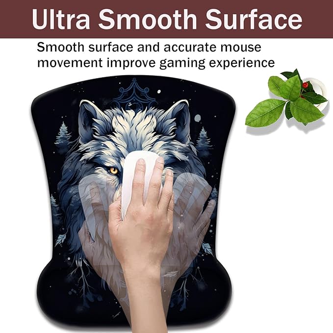 Keyboard Wrist Rest and Mouse Pad Wrist Support with Lace-Shaped Coaster Set Ergonomic Gel Memory Foam and Anti-Slip Base Easy Typing and Pain Relief - Night Moon Wolf