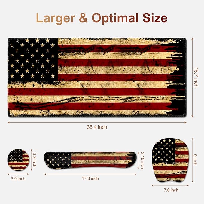 Large Mouse Pad with Wrist Support 4in1 Set XXL Game Mousepad + Keyboard Wrist Rest+Mouse Wrist Rest+Coaster with Ergonomic Design Gaming Mat for Home Office Table Computer I Retro USA Flag