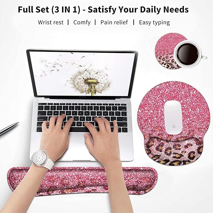 Keyboard Wrist Rest and Mouse Pad with Wrist Support Ergonomic Mouse Pad CoasterEasy Typing Pain Relief Memory Foam Keyboard Mousepad Set Pink Leopard