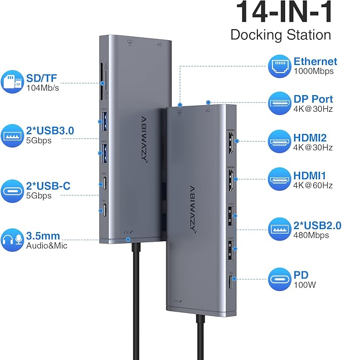 USB C Hub USB-C Docking Station Dual Monitor 14 in 1 Triple Display Multiport Adapter with 2 HDMI+DP+7 USB Type C/A Ports+Ethernet+Audio USBC Dongle for Dell/HP/Lenovo ThinkPad/Surface(Grey)