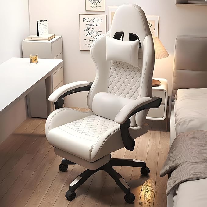 Gaming Chair with Footrest for AdultsErgonomic Computer Chair High Back Reclining Game Chair Pu Leather 350LBSHeight Adjustable Swivel Gamer Chair for GamingBeige