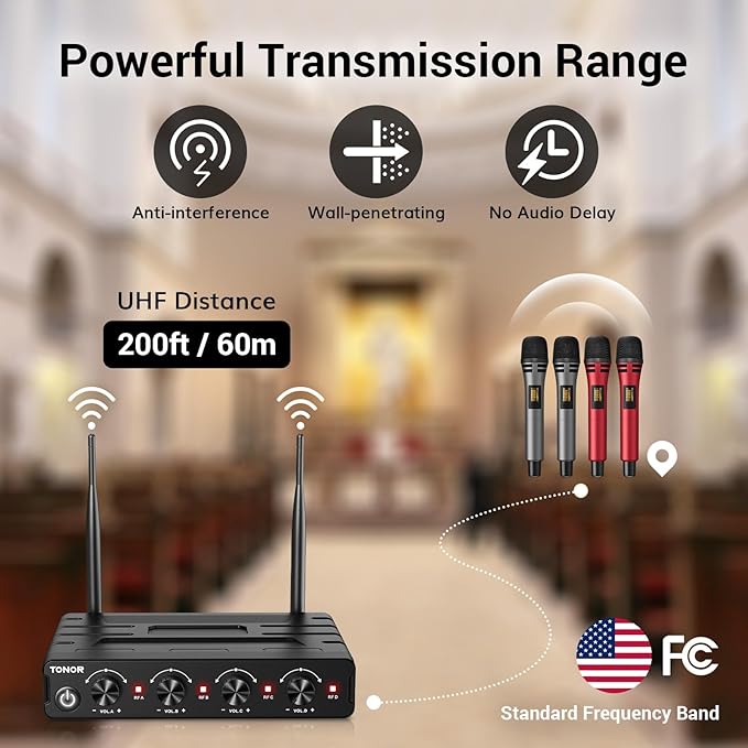 TONOR Wireless Microphones System with 4x10 Channels Cordless Handheld Microfono Inalambrico UHF Mics with Stable Signal Transmission for Karaoke Singing Party Church Wedding 60 m/200ft Red