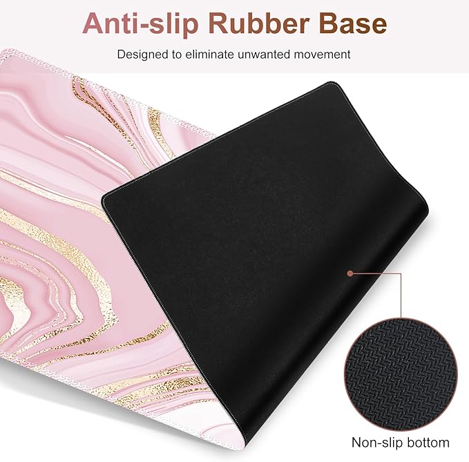 Gaming Mouse Pad Keyboard Wrist Support 4 in1 Mousepad Set with Wrist Keyboard Rest Computer Desk Mat Non-Slip Desk Pad Protector with Memory Foam Easy Typing Pain Relief I Pink Gold Marble