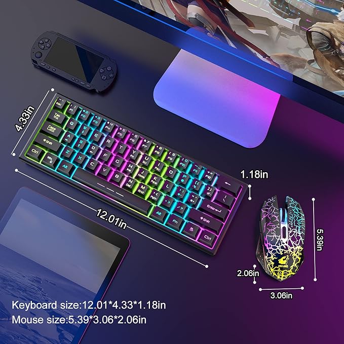 60% Mechanical Gaming Keyboard Mini 68 Keys Anti-Ghosting Wired Type C Chroma RGB 18 Backlit EffectsLightweight Gaming Mosue 6400DPI Honeycomb Optical128 PBT Pudding Keycaps for PC Gamers(White)