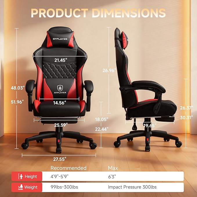 GTPLAYER Gaming Chair High Back Leather Computer Gaming Chair with Footrest Ergonomic Height Adjustable Office Chair with Removable Cover and Lumbar Support for Gaming and Work (Red)