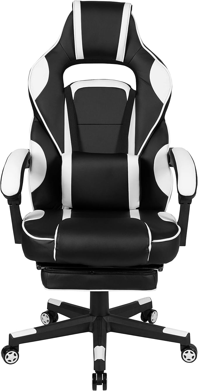 EMMA + OLIVER White Ergonomic Gaming Chair - Reclining Back/Arms Footrest Massaging Lumbar