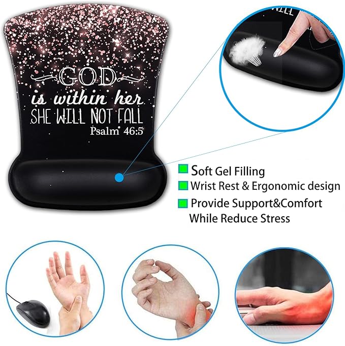 Ergonomic Gel Mouse Pad with Wrist Support Memory Foam Keyboard Wrist RestNon-Slip PU Base for Home Office Working Studying Easy Typing &amp Pain Relief Rose Gold Glitter Black Mouse Pad Psalm 46-
