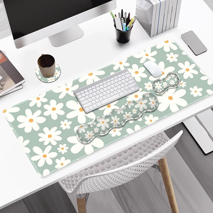 Desk Mat Gaming Mouse Pad Cute Desk Matt Keyboard Wrist Rest for Desktop Anti-Slip Big Mousepad Stitched Edges XXL Large Mouse Pad with Wrist Support for Home Office Computer I Morandi Daisy