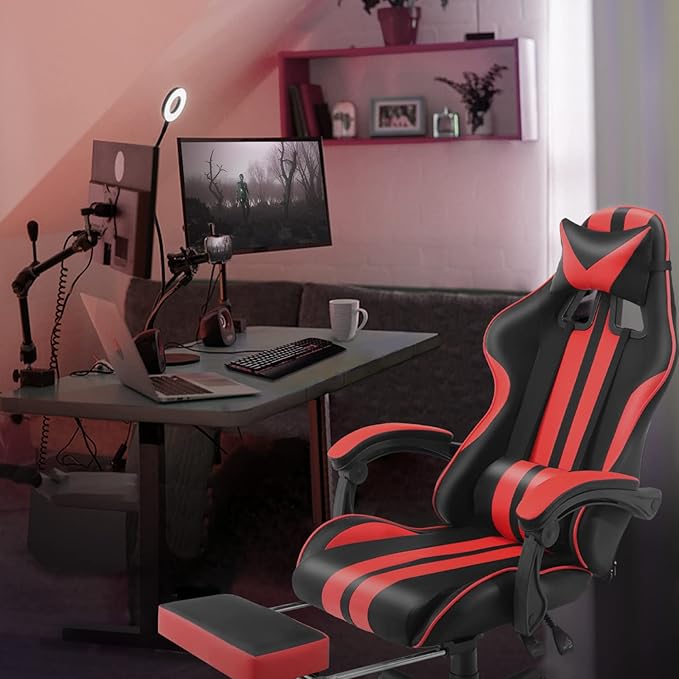 Ferghana Gaming Chairs Red with FootrestErgonomic Racing Style PC Game Computer Chair with Headrest Lumbar Support Adjustable Recliner PU Leather Video Computer Chair(Red)