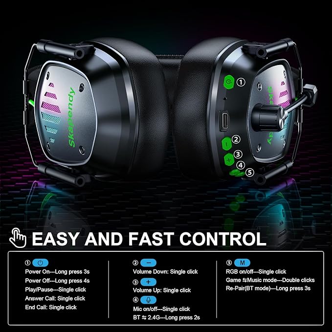 Wireless Gaming Headset for PS5 PS4 PC Switch – 2.4GHz &amp Bluetooth Gaming Headphones with Mic 3D Stereo Surround Sound 20ms Low Latency ENC Noise Canceling RGB Light 50H Battery