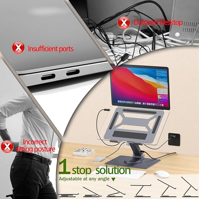 7 in 1 Laptop Docking Station Stand Detachable USB C Hub 4K HDMI 2 USB 3.0 RJ45 PD 3.0 Universal Laptop Stand with 360-degree Swivel Stand