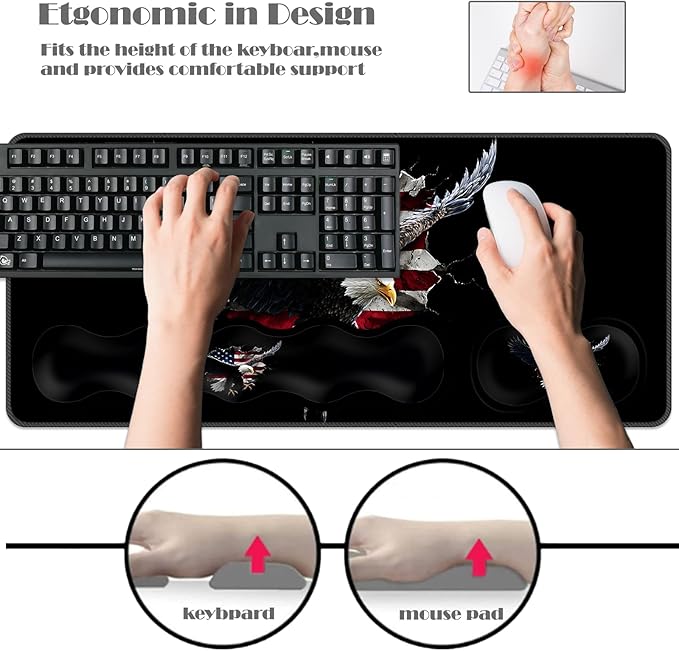 Ergonomic Keyboard Wrist Rest &amp Mouse Pad Wrist Rest SetXL Gaming Desk Mat 31.5x 11.8Non-Slip BaseMemory FoamEasy Typing Pain Relief for Office &amp HomeEagle Breaking American Flag